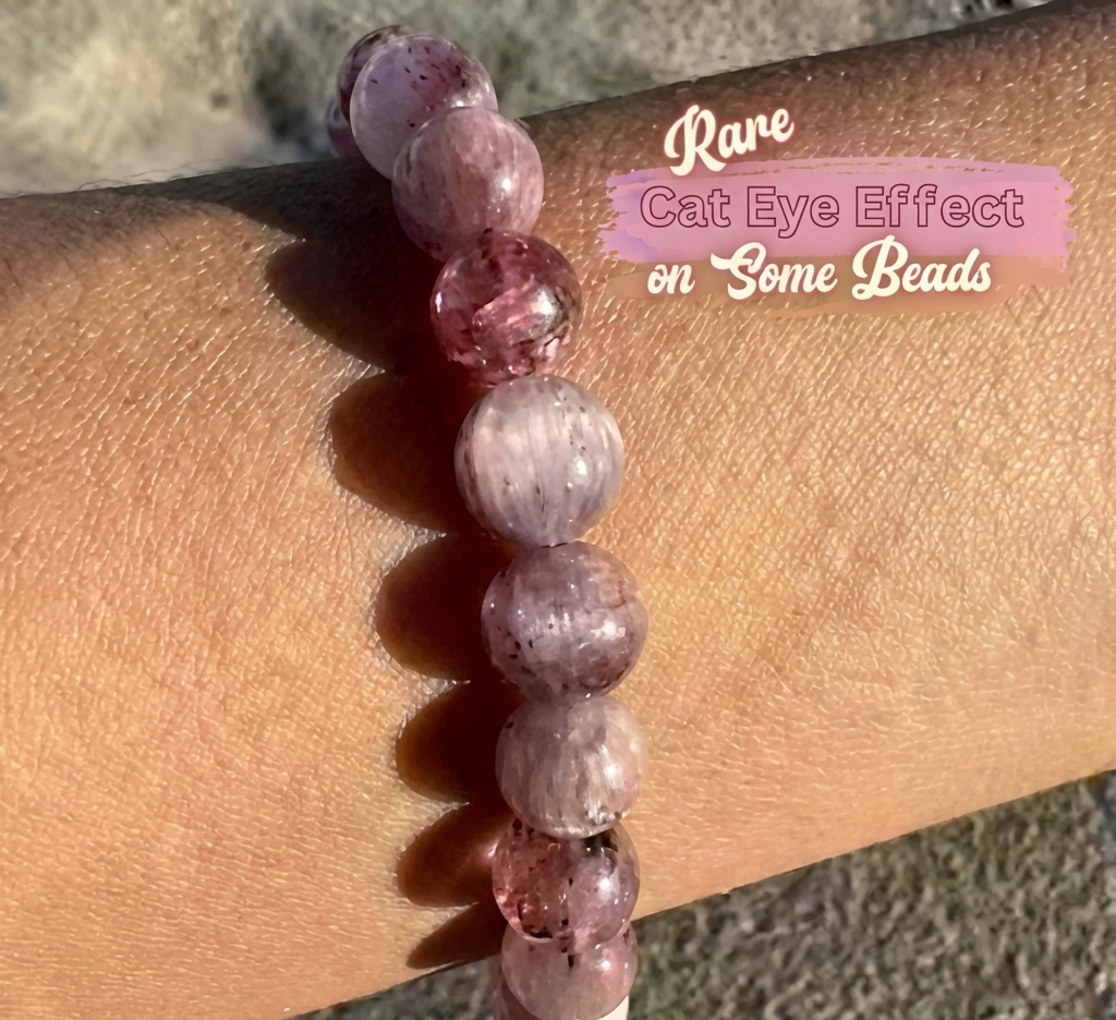Rare Natural Kunzite Stone Bracelet 8mm - Purple Cat's Eye Effect